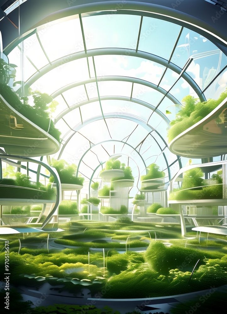 Poster a futuristic greenhouse-like structure with a curved glass roof, filled with lush greenery and plant
