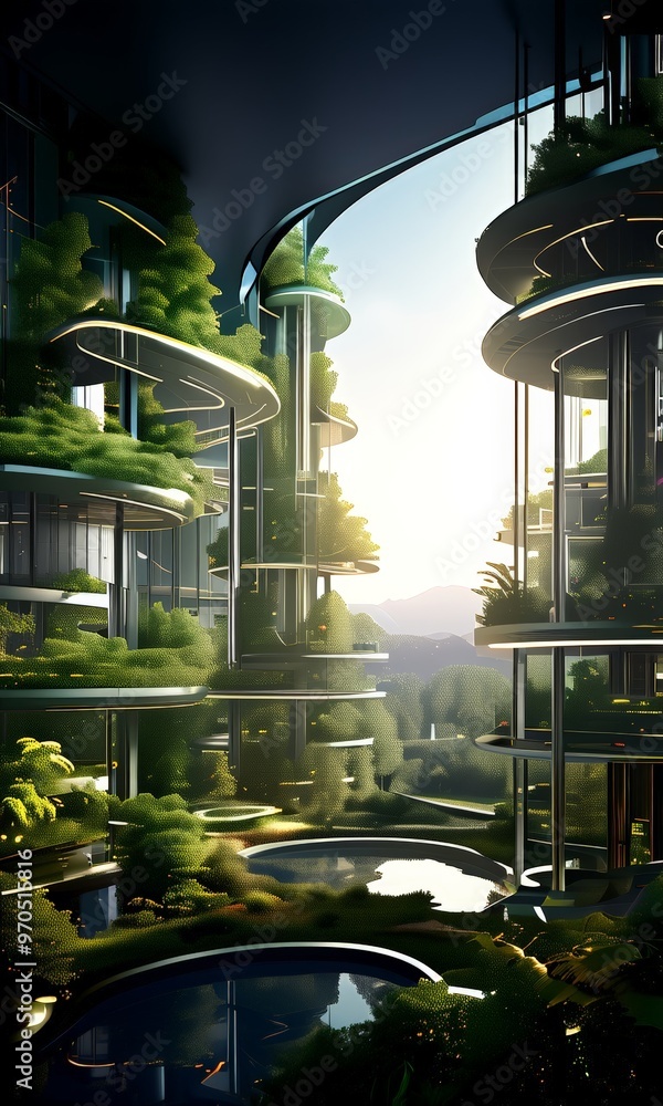 Aufkleber a futuristic cityscape with a central pond surrounded by lush greenery, reflecting the surrounding s