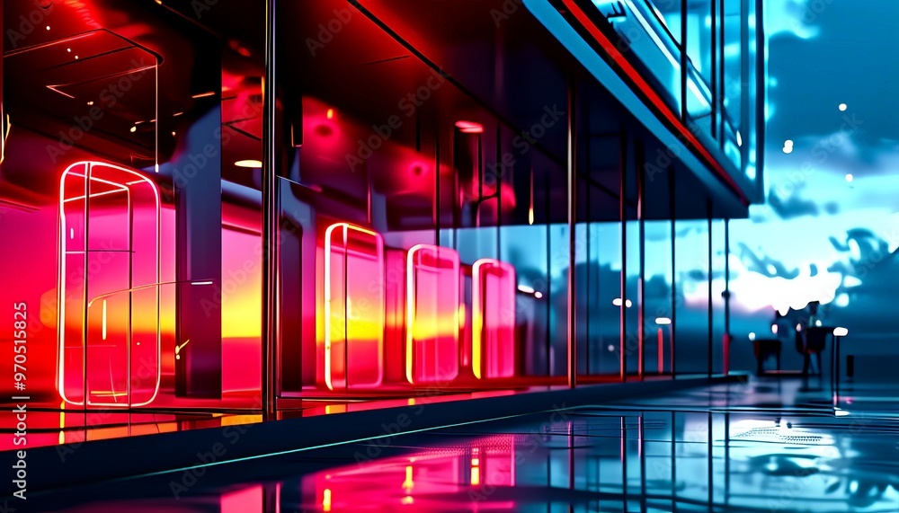 Poster a modern building with a series of glowing red and pink neon signs on its facade, reflecting on the 
