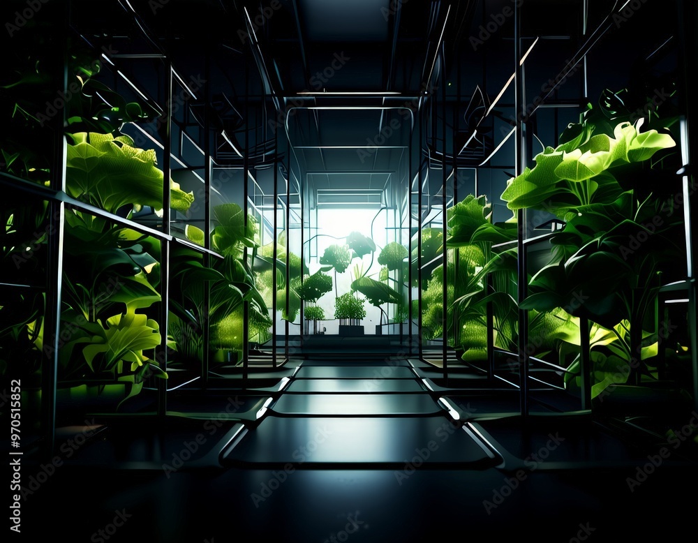 Poster a futuristic greenhouse with a grid-like structure of metal poles and plants, illuminated by a brigh