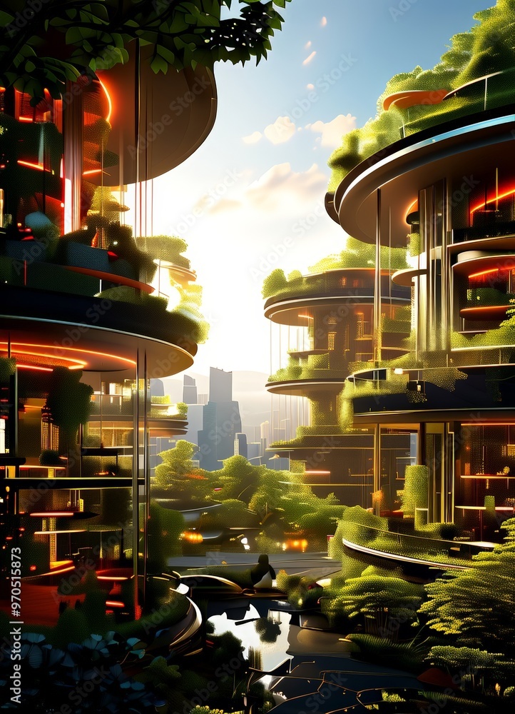 Poster a futuristic cityscape with buildings adorned with greenery, featuring a mix of curved and angular structures, and a serene body of water in the foreground.