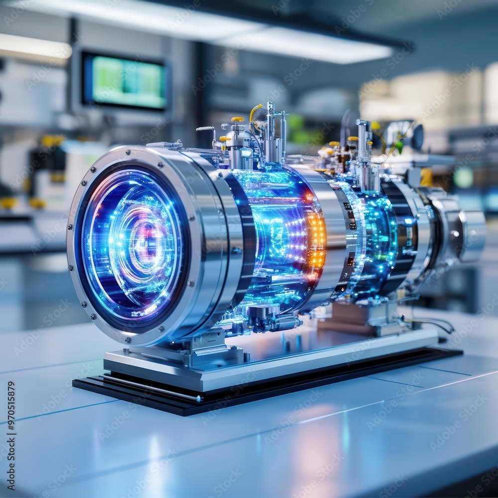 Poster futuristic turbine engine model showcasing advanced technology and glowing elements in a high-tech l