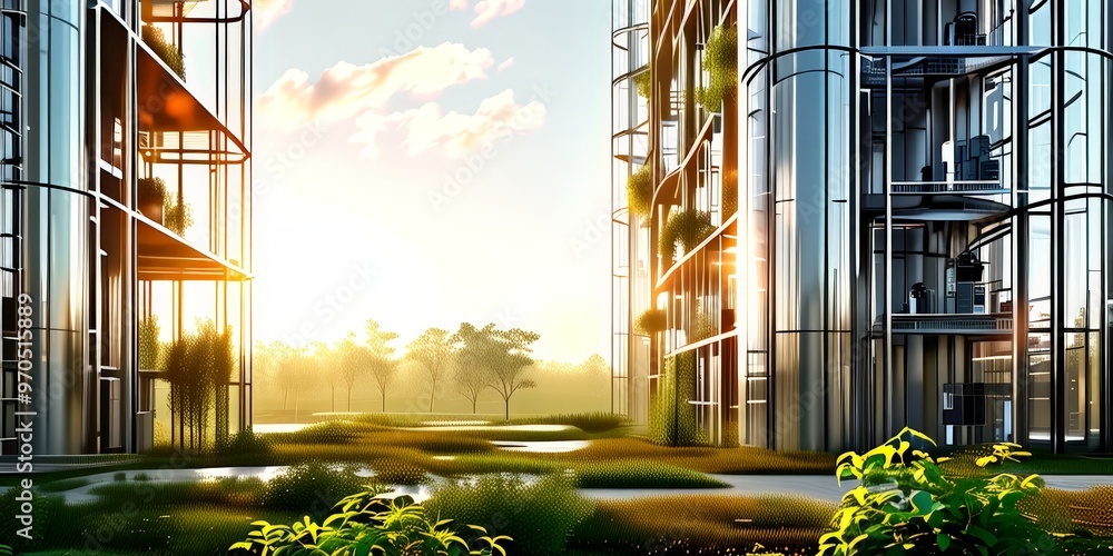 Poster a modern architectural structure with a glass facade, surrounded by greenery and a serene landscape.