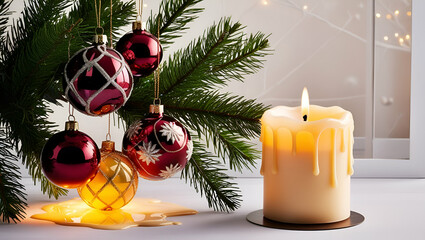 Festive table with Christmas candles and decorations ai generative..