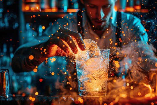 A bartender is making a drink with a fire element
