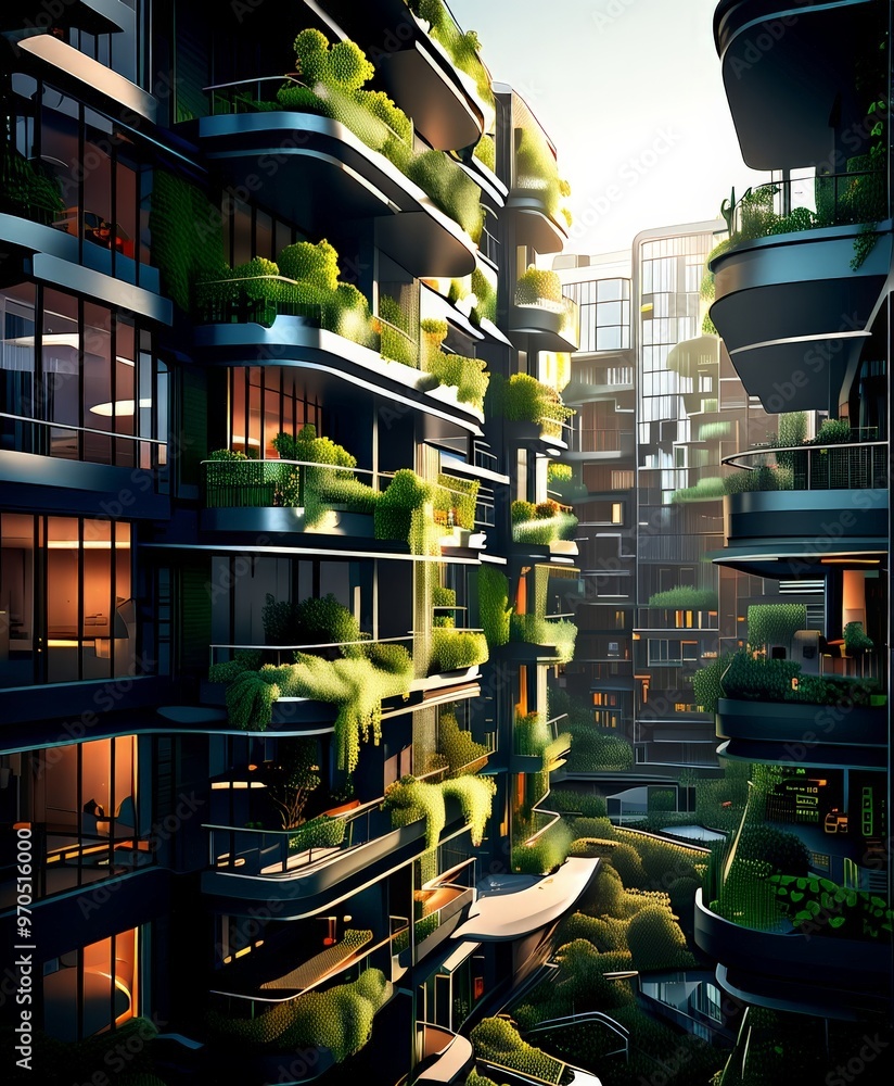 Poster a futuristic residential complex with balconies and greenery, illuminated by warm light during the d