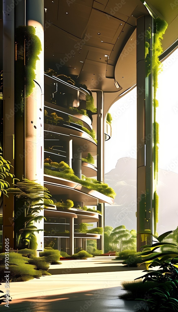 Poster a futuristic architectural structure with a curved roof and multiple levels, surrounded by lush greenery and a mountainous landscape in the background.