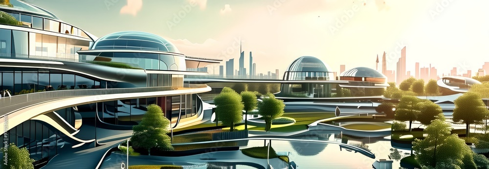 Aufkleber the image presents a futuristic cityscape with a blend of architectural styles, featuring curved bui
