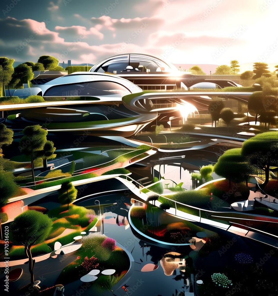 Poster a futuristic architectural design with a complex network of curved structures, surrounded by lush greenery and a serene body of water. The scene is illuminated by a warm,