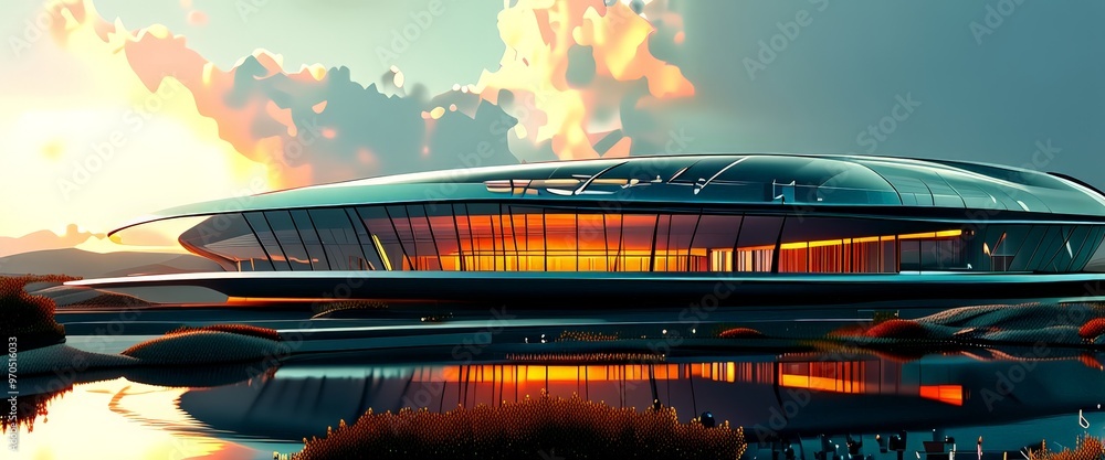Poster a futuristic architectural structure with a curved roof and large glass windows, set against a vibra