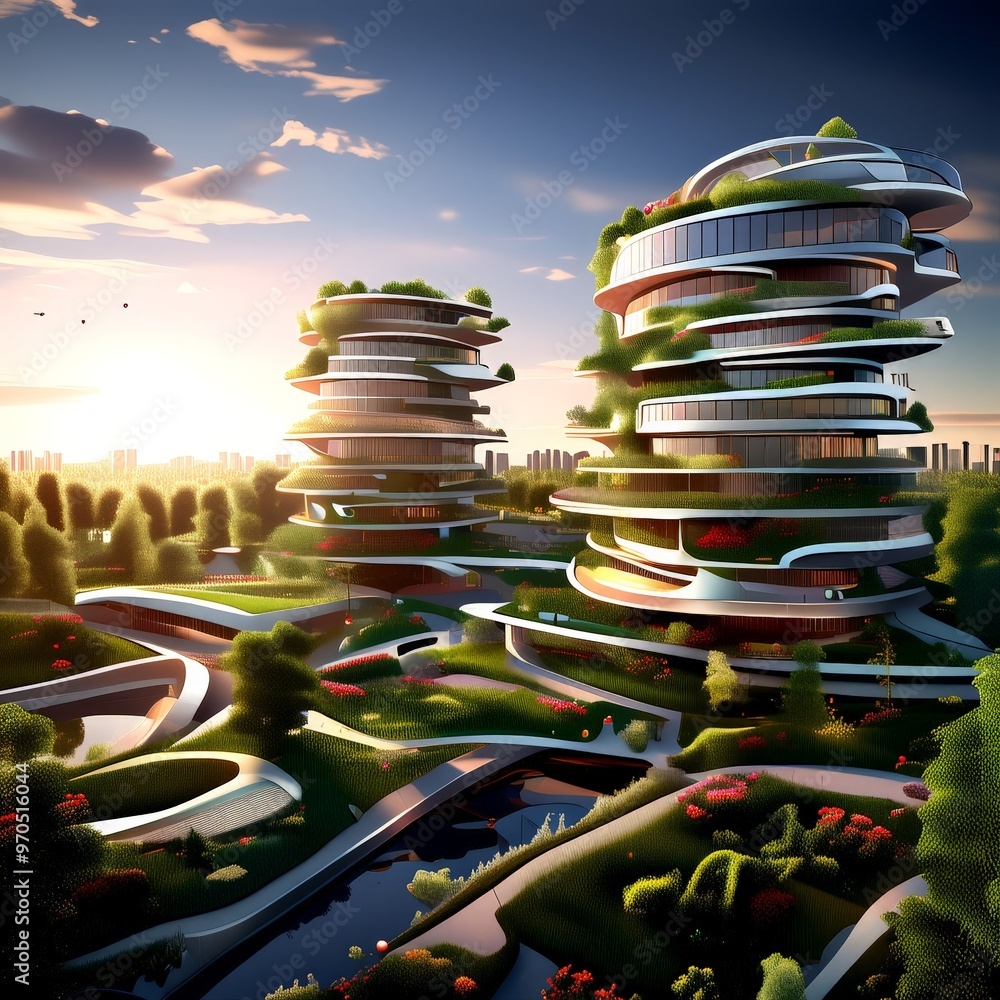 Aufkleber a futuristic architectural design with multiple levels of buildings, each adorned with greenery and surrounded by a lush, landscaped environment. The buildings are set against