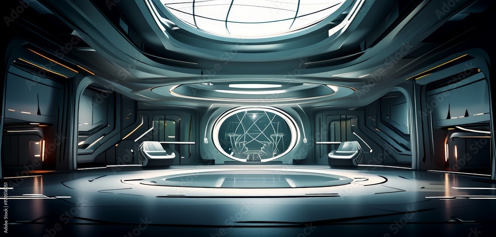 Aufkleber The image presents a futuristic interior space with a circular window at the center, flanked by two curved walls on either side. The floor is composed of a series of