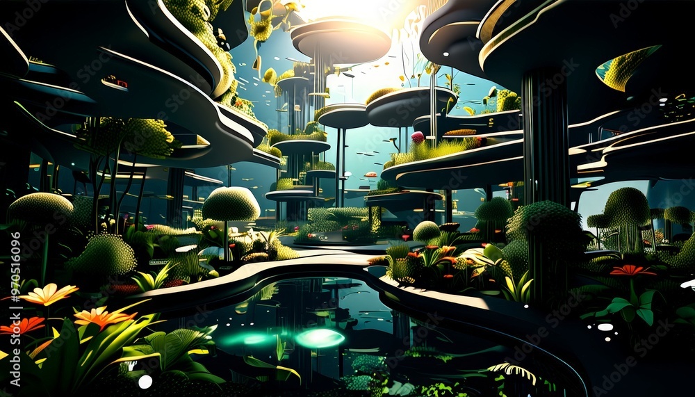 Poster a futuristic underwater cityscape with floating structures, plants, and a reflective pool of water, 