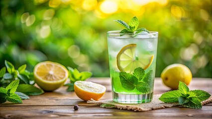 Fototapeta premium Refreshing green mint lemonade served over ice in a sunny outdoor setting