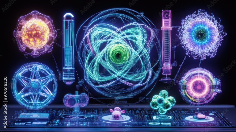 Poster futuristic visualization of atomic and molecular structures with vibrant neon colors on a digital in
