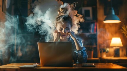 Obraz premium A woman is sitting at a desk with a laptop open