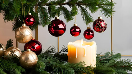 Festive table with Christmas candles and decorations ai generative..