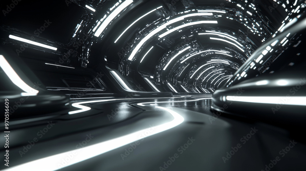 Poster a 3d image showing a futuristic scene with glowing lights and abstract shapes. it's like a 360-degre