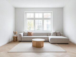 Fototapeta premium Scandinavian minimalist living room interiors with minimal furniture, a large window and plenty of lighting. Apartment interior design composition with copyspace.