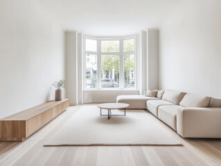 Scandinavian minimalist living room interiors with minimal furniture, a large window and plenty of lighting. Apartment interior design composition with copyspace.