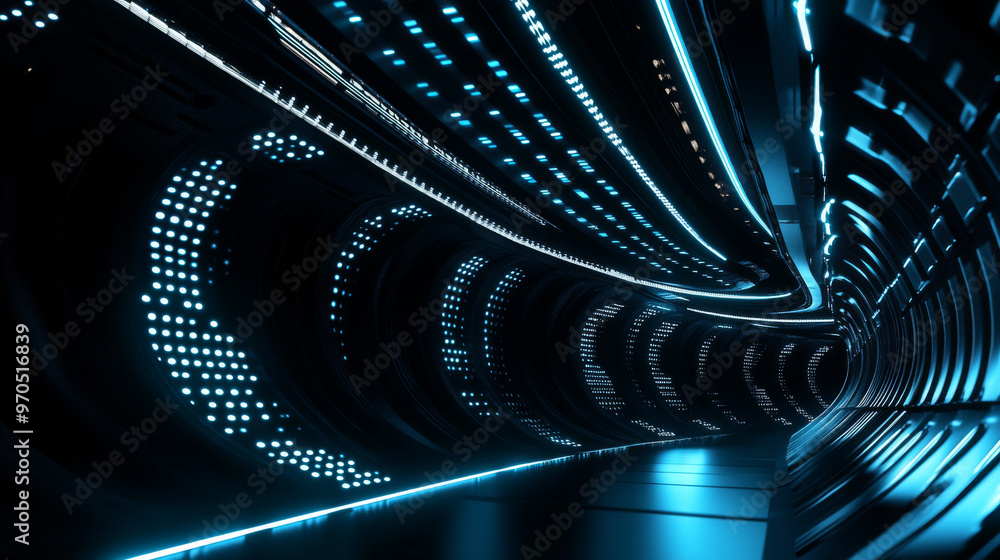Poster a 3d image showing a futuristic scene with glowing lights and abstract shapes. it's like a 360-degre