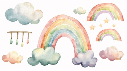 37. A set of watercolor illustrations with a charming rainbow and clouds. The rainbow arches gracefully with vibrant yet soft colors, while the clouds are rendered in a fluffy, delicate style, adding