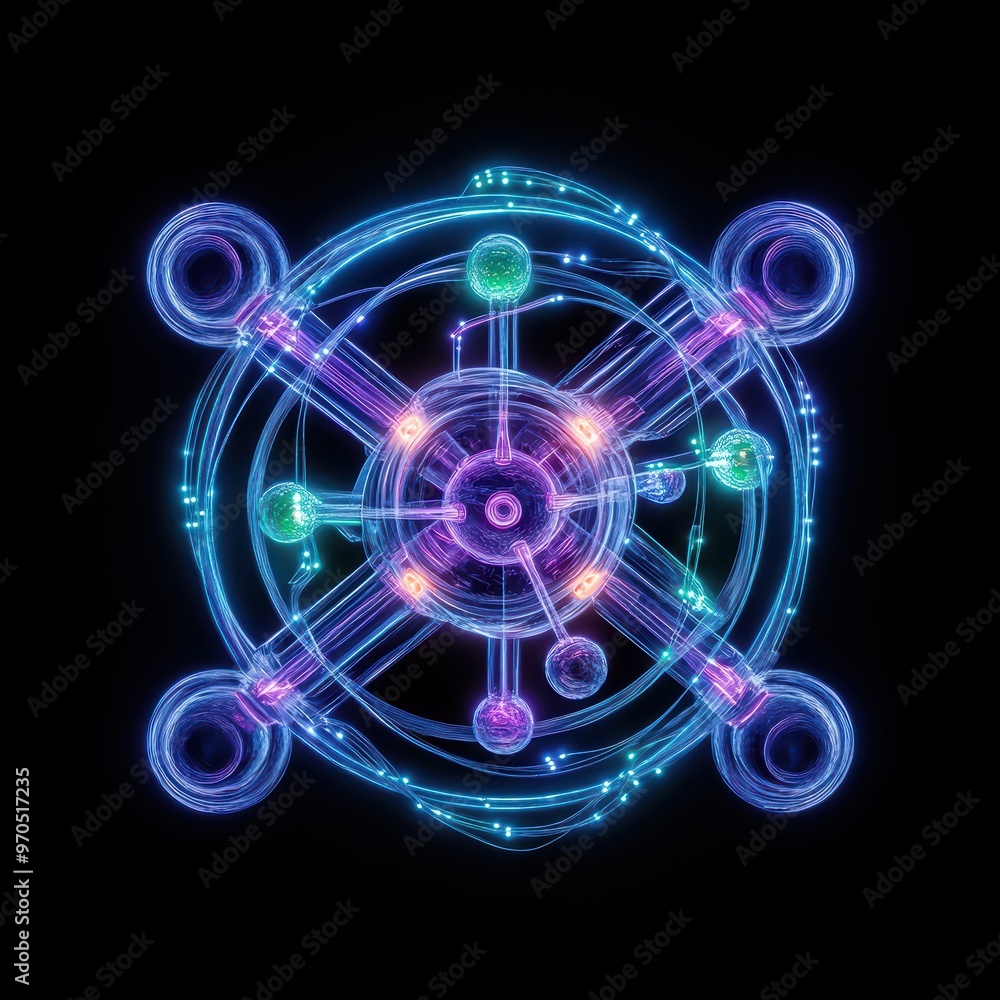 Poster vibrant digital representation of an atom with colorful orbits and particles on a dark background, i