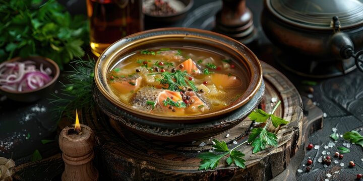 Russian traditional fish soup in a bowl ukha accompanied by ember and vodka on a wooden board Fish broth Traditional Russian cuisine
