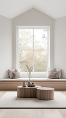 Scandinavian minimalist living room interiors with minimal furniture, a large window and plenty of lighting. Apartment interior design composition with copyspace.