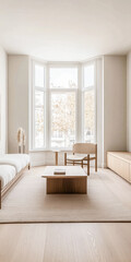 Scandinavian minimalist living room interiors with minimal furniture, a large window and plenty of lighting. Apartment interior design composition with copyspace.