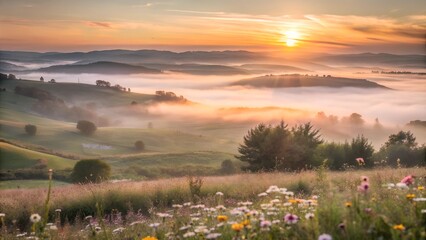 Obraz premium A beautiful landscape with rolling hills, wildflowers in bloom, and a soft mist covering the valley, with a warm sunrise in the distance