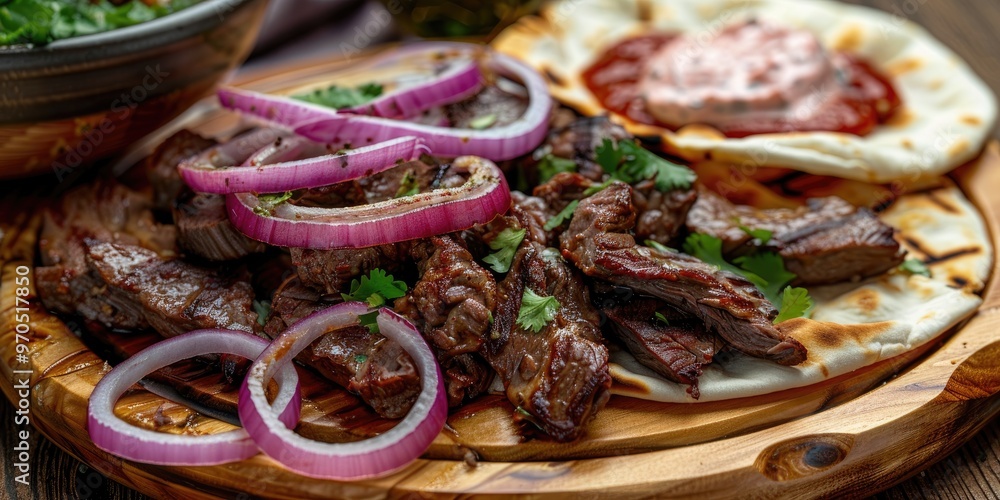 Poster close up view of fried beef meat with red onion rings sauce and pita bread on a wooden board with a 