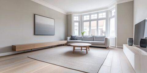 Scandinavian minimalist living room interiors with minimal furniture, a large window and plenty of lighting. Apartment interior design composition with copyspace.