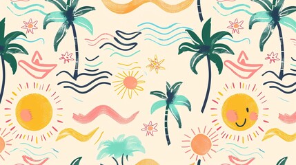 Obraz premium 51. A seamless pattern design featuring cute palm trees, suns, and waves, perfect for a summer holiday background. The pattern includes various stylized palm trees, cheerful suns, and playful waves,