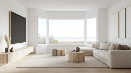 Scandinavian minimalist living room interiors with minimal furniture, a large window and plenty of lighting. Apartment interior design composition with copyspace.