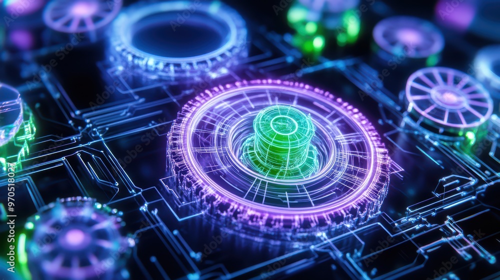 Aufkleber vibrant neon gears and circuits create a futuristic digital background with intricate details and dy