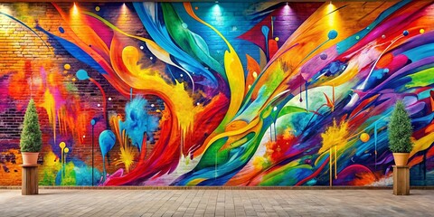 Colorful and dynamic abstract mural featuring bold brush strokes and vibrant colors