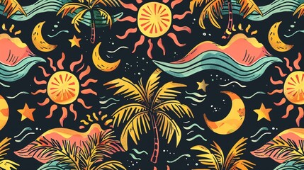 Fototapeta premium 53. Cute palm trees, suns, and waves in a seamless pattern design, ideal for summer holidays. The pattern features stylized palm trees, happy suns, and dynamic waves, creating a cheerful and tropical