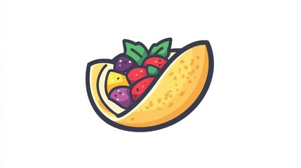 fun and colorful Japanese crepe logo featuring a crepe with an array of bright toppings.