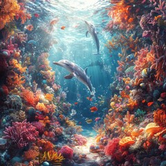 Dolphins Swimming Through Colorful Coral Reef Underwater