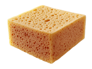Orange square sponge with porous texture, isolated on transparent background