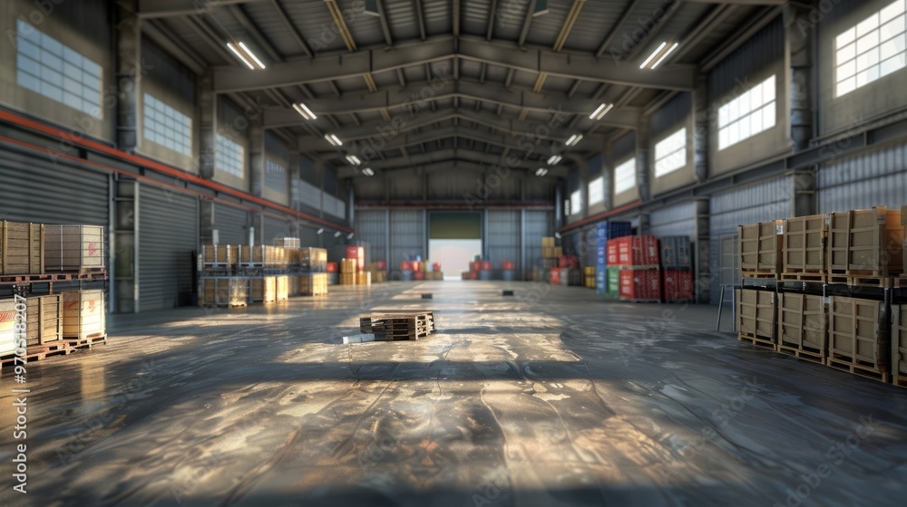 Poster a large warehouse with many boxes and pallets