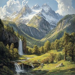 Fototapeta premium Majestic Mountain Range with Waterfall and Forest