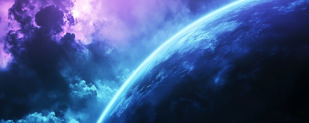 Obraz premium A breathtaking view of Earth from space with vibrant blue and purple hues, showcasing the beauty of our planet and the cosmos.