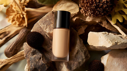 Makeup essentials with powder and brush featuring beauty products like lipstick, nail polish, and perfume in a glamorous pink and gold setting, showcasing a fashionable, feminine style
