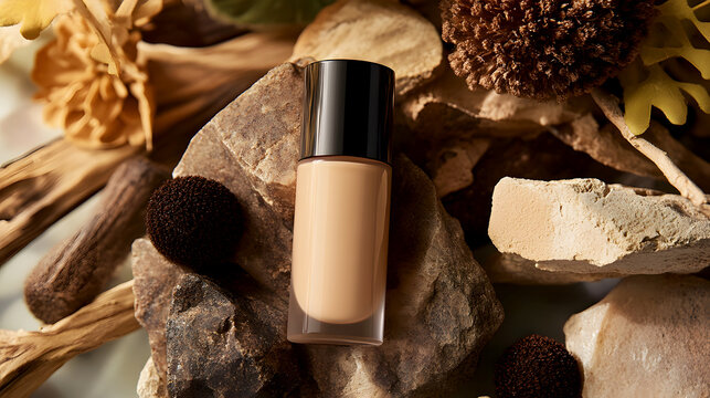 Makeup essentials with powder and brush featuring beauty products like lipstick, nail polish, and perfume in a glamorous pink and gold setting, showcasing a fashionable, feminine style