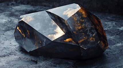 A close-up view of a dark, faceted crystal reflecting light, creating a mesmerizing and mystical appearance on a textured surface.