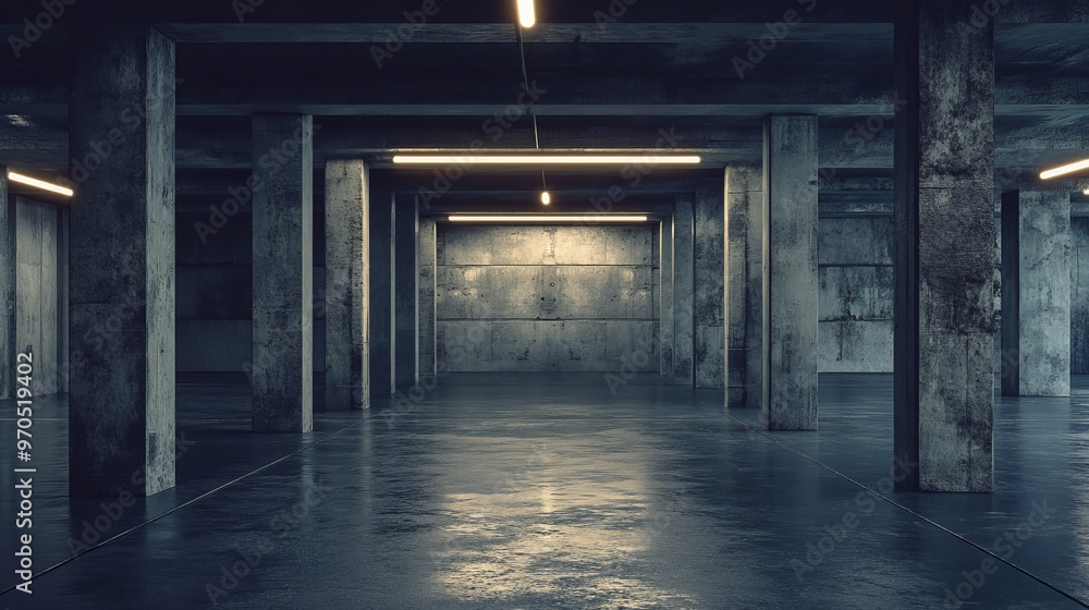 Poster a high-quality, 3d image showing a dark, industrial basement with concrete walls. this image is perf