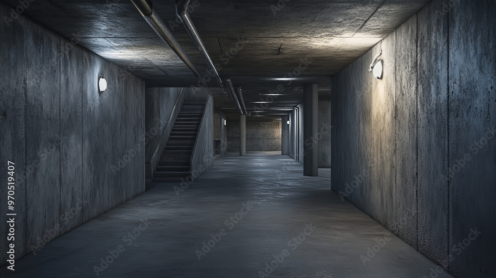 Poster a high-quality, 3d image showing a dark, industrial basement with concrete walls. this image is perf