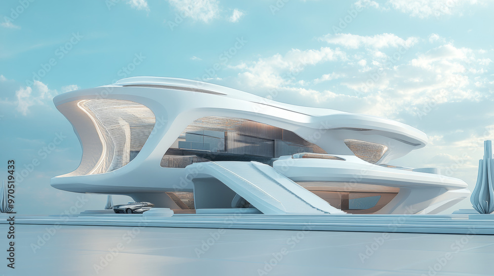 Poster a high-quality, 3d image showing a futuristic building with a sleek, modern design. the image provid
